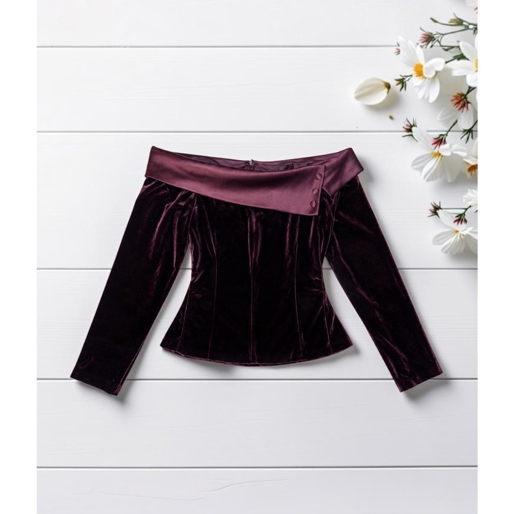 Y2K Velvet Off-Shoulder Top Burgundy romantic Whimsigoth regency corset ribbed
